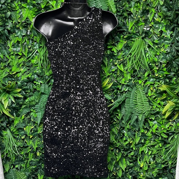 TCEC Dress Small Black Sequin One Shoulder‎ Mini Party Cocktail 3258 - Picture 9 of 10